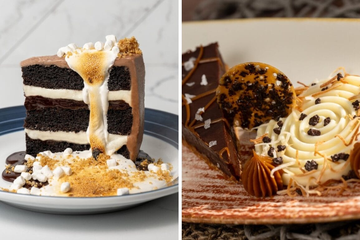 A layered chocolate cake with marshmallows and sauces graces the left, while a selection of decadent dessert creations featuring assorted chocolates, cream, and caramel delights await on the right, each on its own plate.