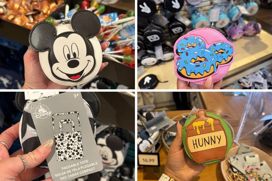A collage of four images showcases Disney-themed coin purses with Mickey Mouse, a pink purse adorned with donuts, a charming "Hunny" pot design, and an adorable Minnie-themed packable tote.