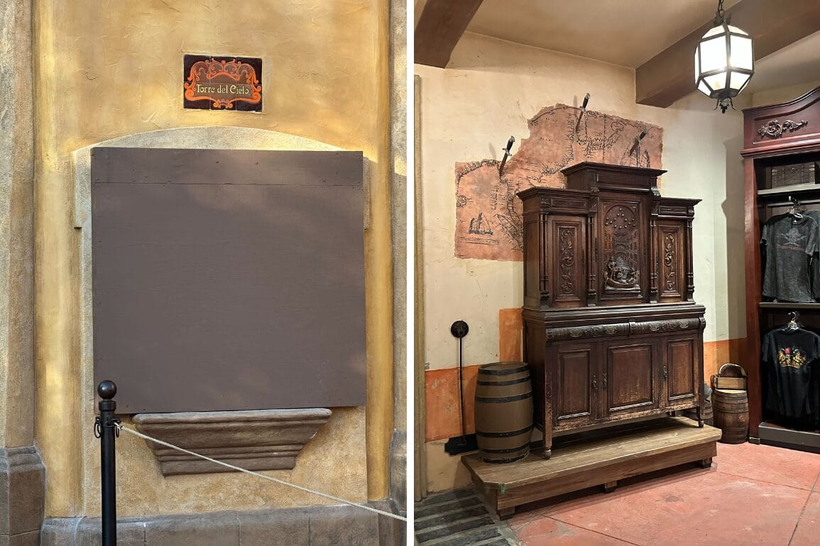A closed shop with a "Torre de Al Caro" sign on a blank wall evokes the mystery of Pirates of the Caribbean, especially with an antique cabinet and clothing display inside that whispers tales of seafaring adventures.