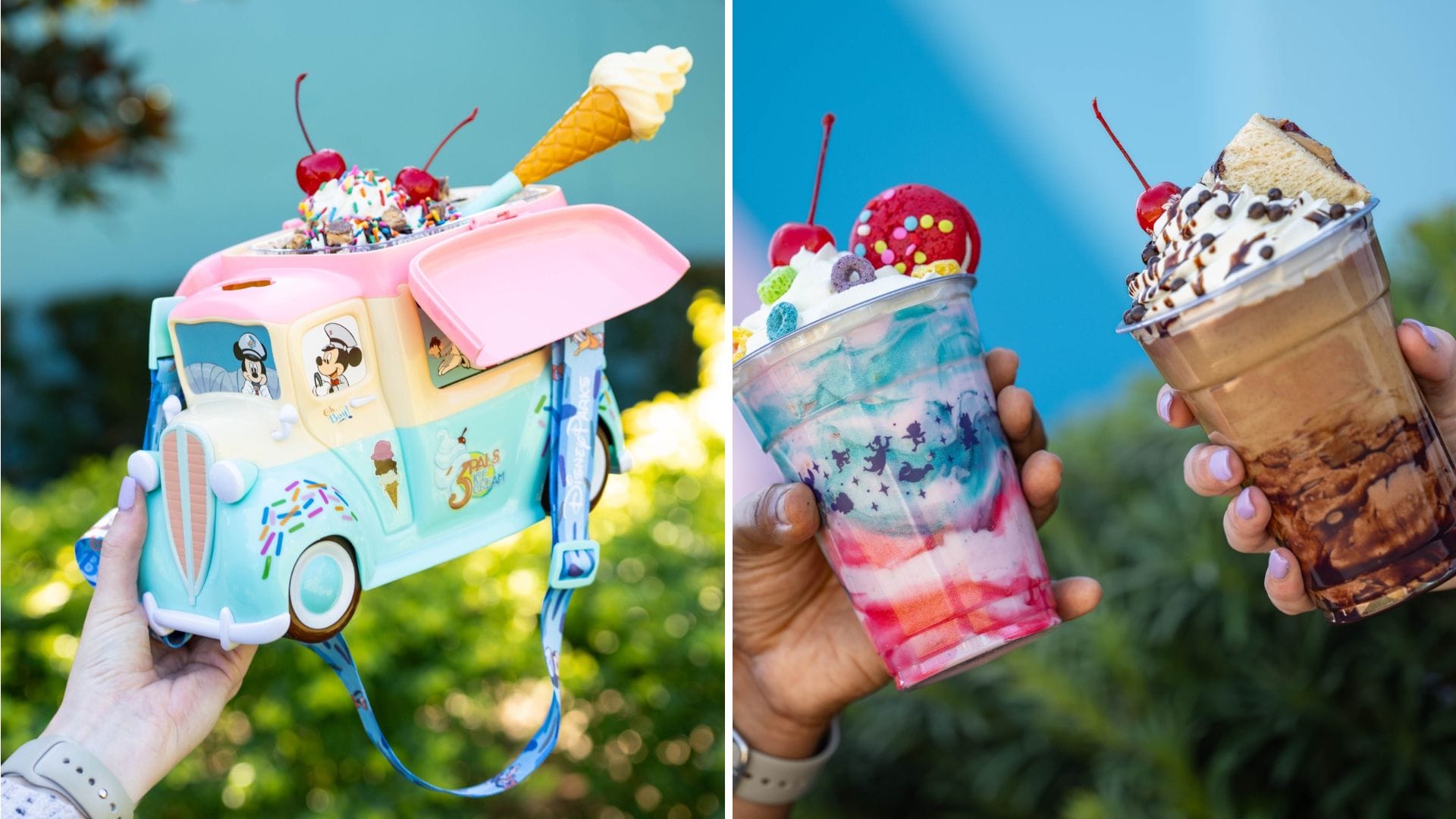 A vibrant ice cream truck-shaped container adorned with a whimsical ice cream cone on top. Two hands present layered ice cream drinks, crowned with whipped cream, cherries, and sprinkles, reminiscent of the enchanting treats at Disney World's Pop Century Resort.