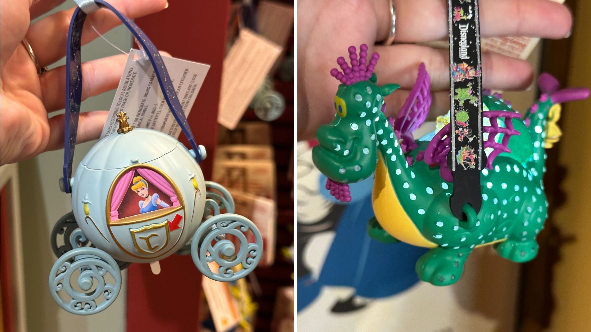 Two hand-held Christmas ornaments: a blue pumpkin carriage with a princess inside and a charming green dragon with purple wings and spots, reminiscent of the magical moments at Walt Disney World.
