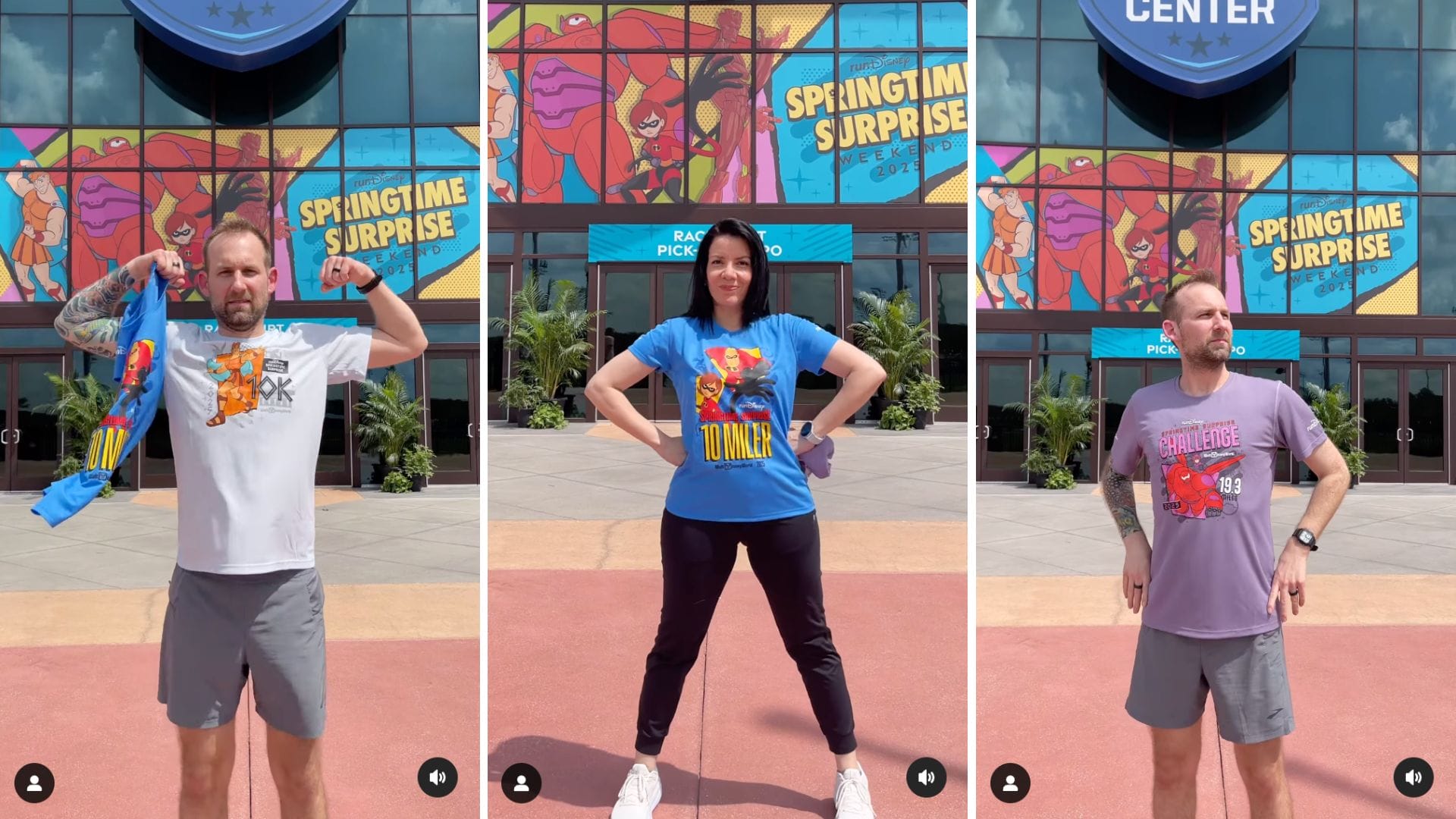 Three people display colorful T-shirts with cartoon designs in front of a building featuring a "Springtime Surprise" banner, the event hosted by runDisney.
