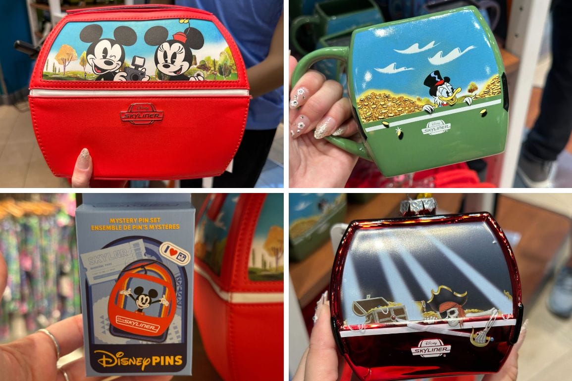 Explore the magic with Disney Skyliner merchandise, including a red Loungefly handbag, a green mug, and a Disney pins set, all adorned with Mickey's charm. Plus, check out a vibrant red container—perfect additions to any Walt Disney World fan's collection!.