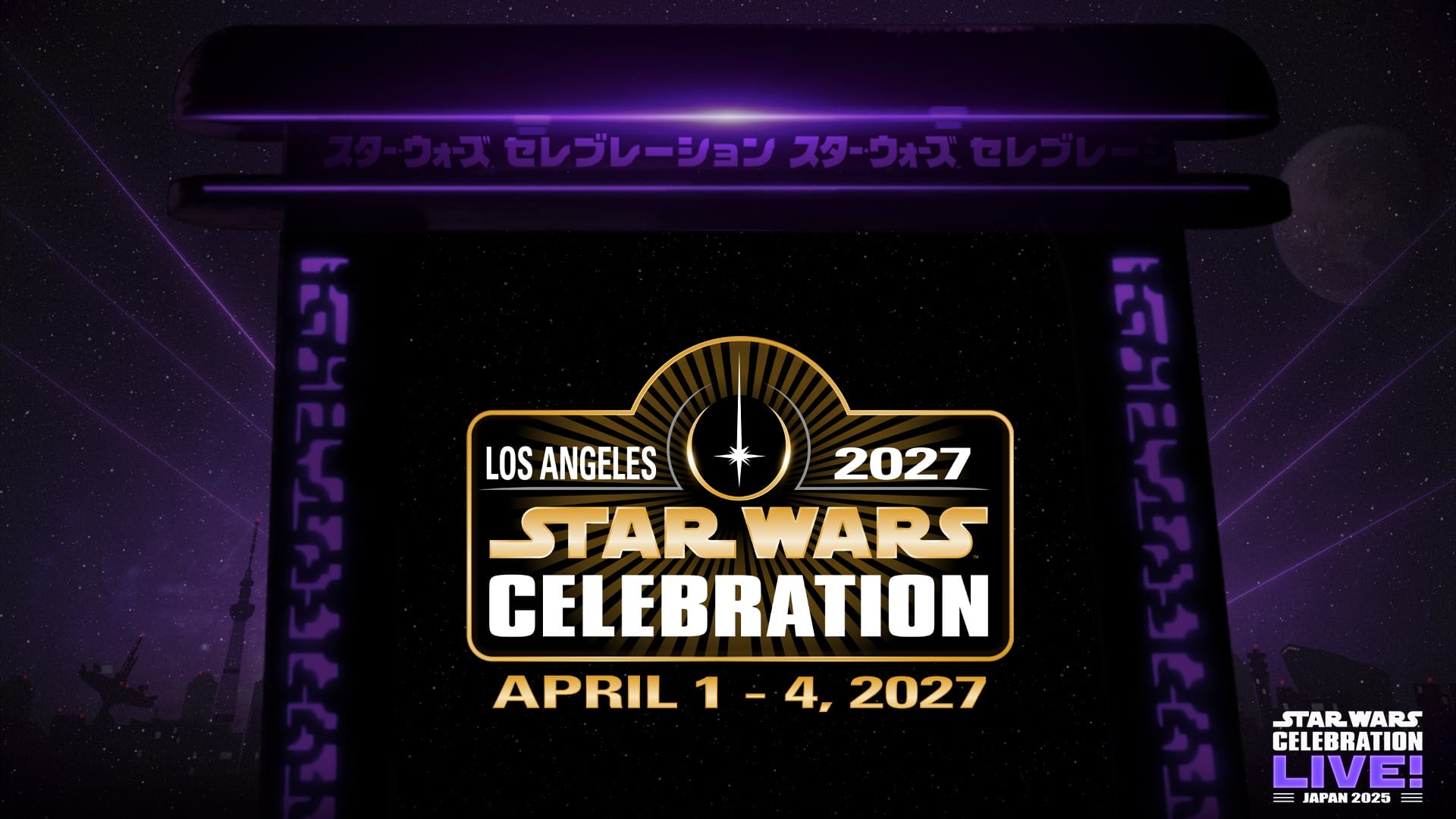 Star Wars Celebration 2027 logo with Disney-inspired dates, April 1-4, in Los Angeles on a futuristic stage background.