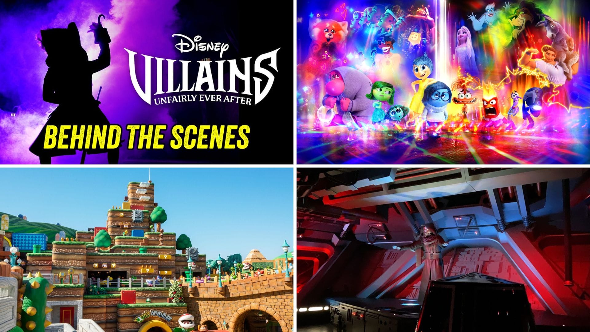 A collage of four images: Disney Villains Behind the Scenes title, Inside Out characters on screen, Super Nintendo World exterior, and a Star Wars-themed theme park ride—your ultimate Daily Recap in one vibrant TEMPLATE.