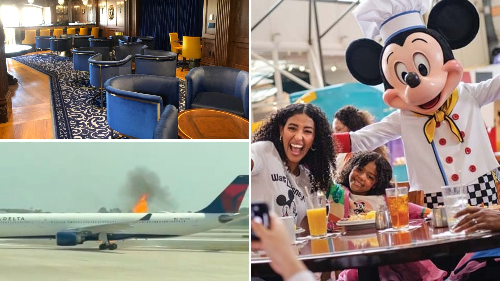 Collage: Orlando airplane fire, empty lounge, family dining, and costumed character greeting guests. Free Disney Dining Plan.