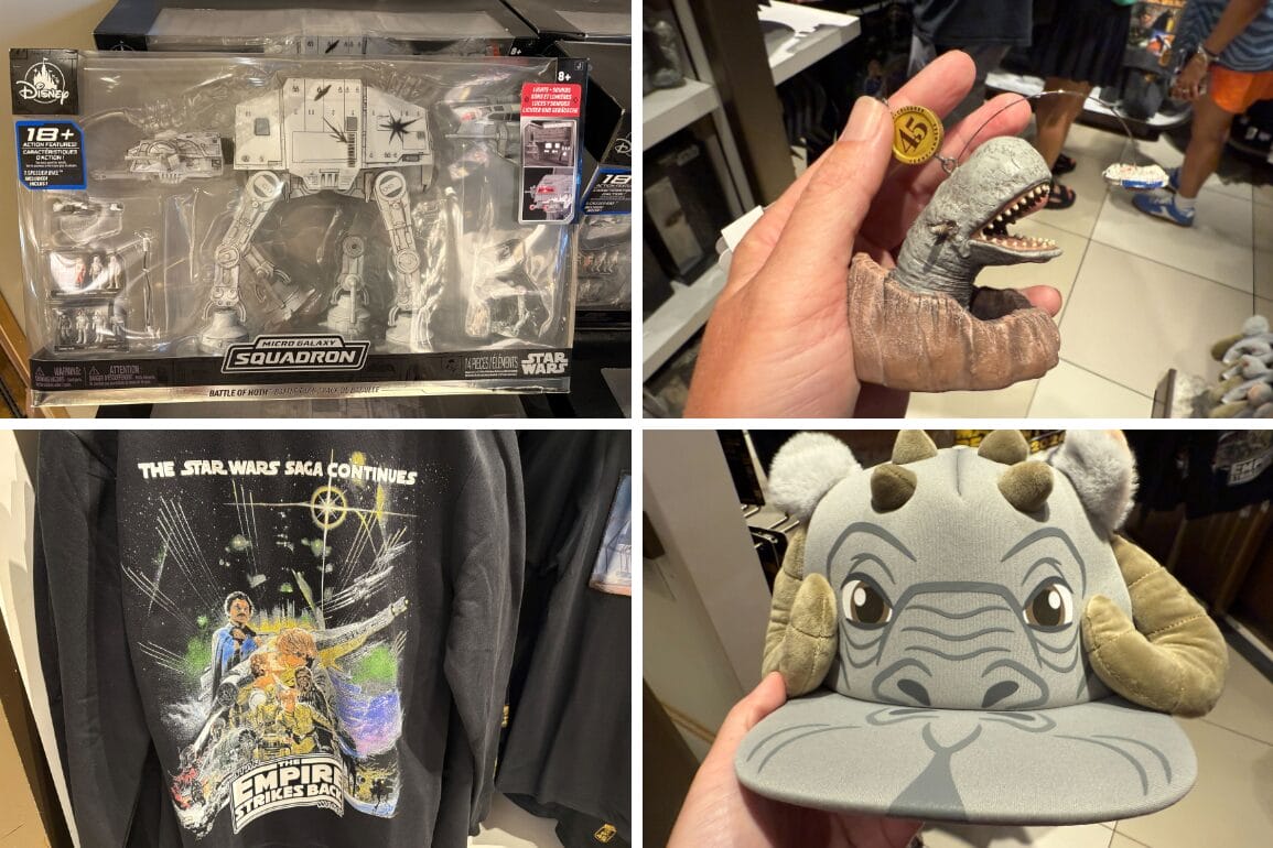 Empire Strikes Back merchandise: AT-AT toy, Tauntaun plush, Tauntaun hat, and themed shirt on display.