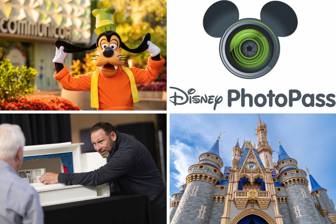 Four images from the daily recap: Goofy waving, PhotoPass logo, item in box, and Cinderella Castle at Disney World.