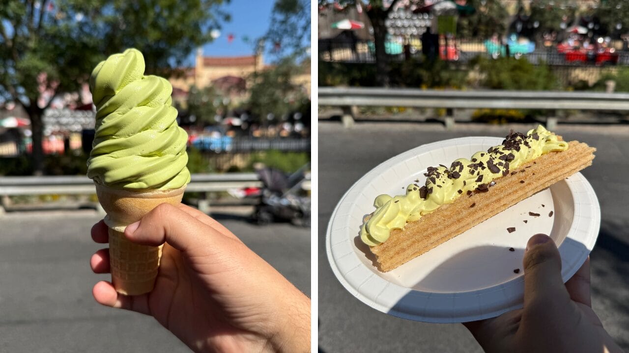 Left: Green ice cream cone. Right: Churro with green cream—seasonal food at Cozy Cone Motel, Disney California Adventure.