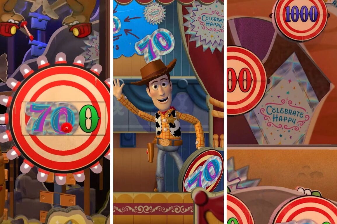 Woody waves at Toy Story Midway Mania in a carnival game setting with an anniversary overlay of red and white targets.
