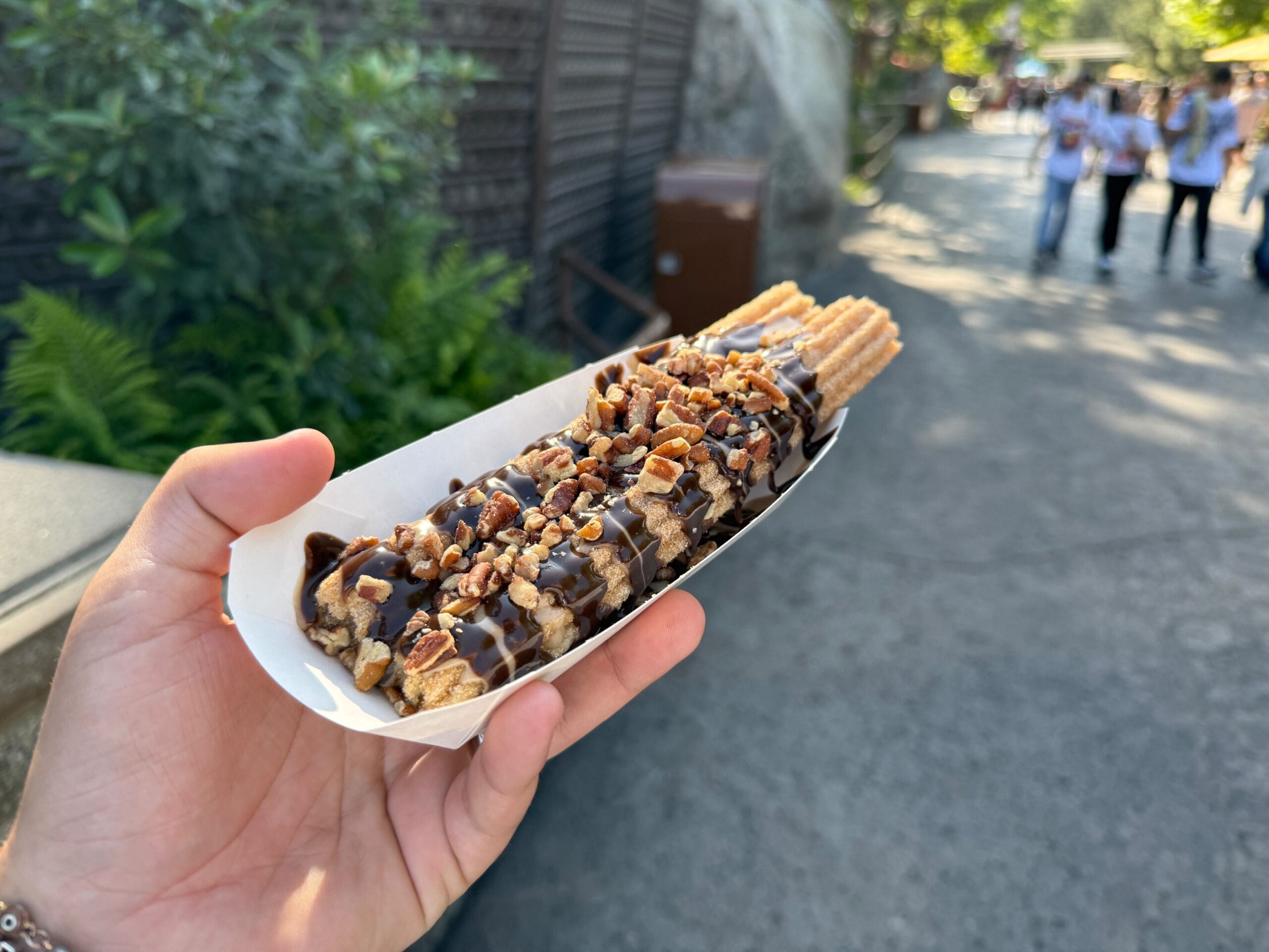 A hand holds a Willie’s Pecan Churro topped with seasonal chocolate sauce and nuts in a paper tray, outdoors on a sunny day.