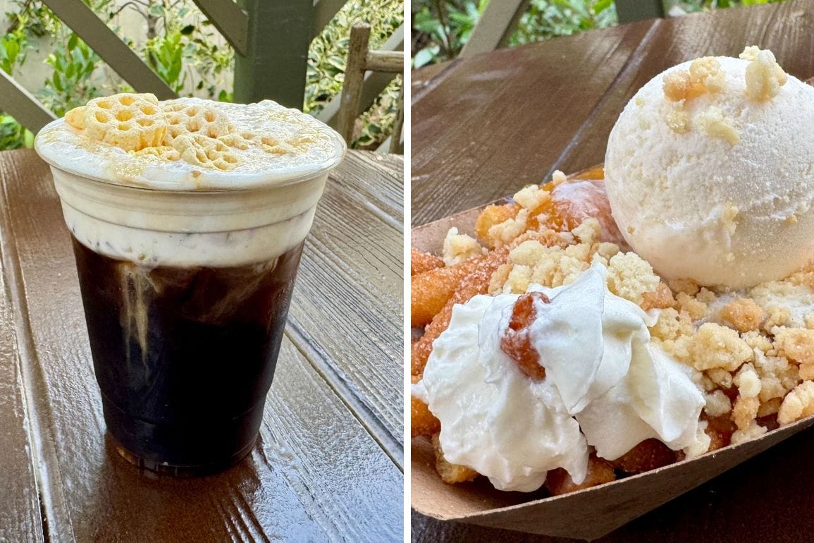 Iced coffee with honeycomb foam and a dessert, perfect for a Hungry Bear Barbecue Jamboree treat on a wooden table.