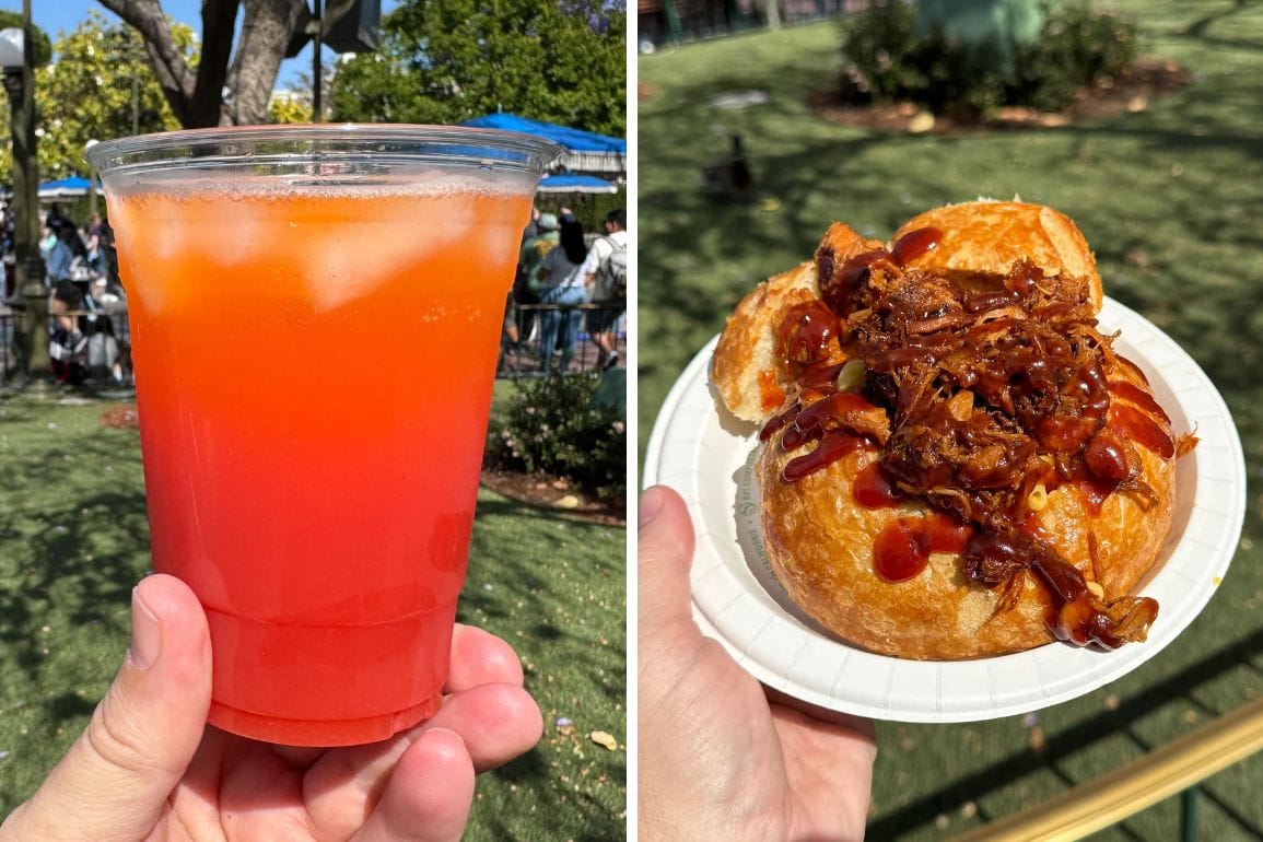 A hand holds a red iced drink from Refreshment Corner, and another holds a bread bowl with barbecue meat on a white plate.