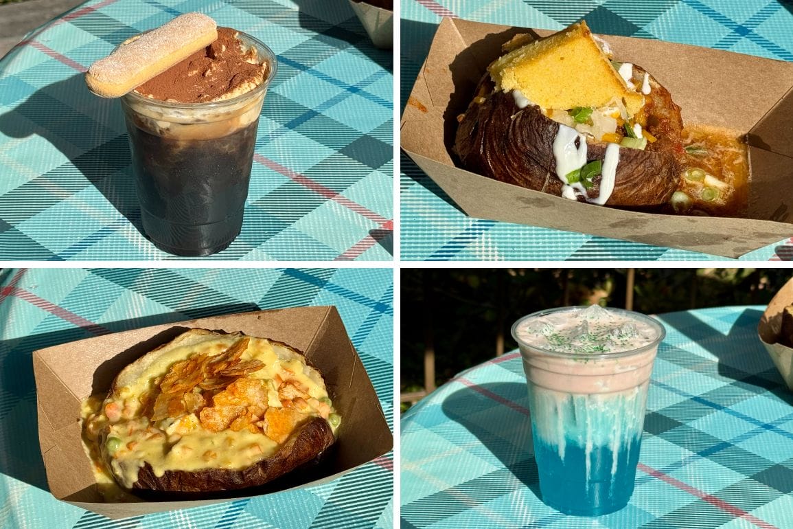 Four boxed Troubadour Tavern food and drink items, including two colorful drinks and two loaded baked potatoes.
