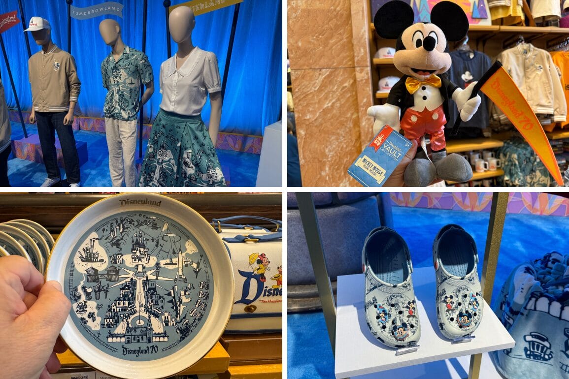 Disneyland 70th anniversary merchandise: maps chapter tee, Mickey Mouse plush, commemorative plate, and themed shoes displayed.