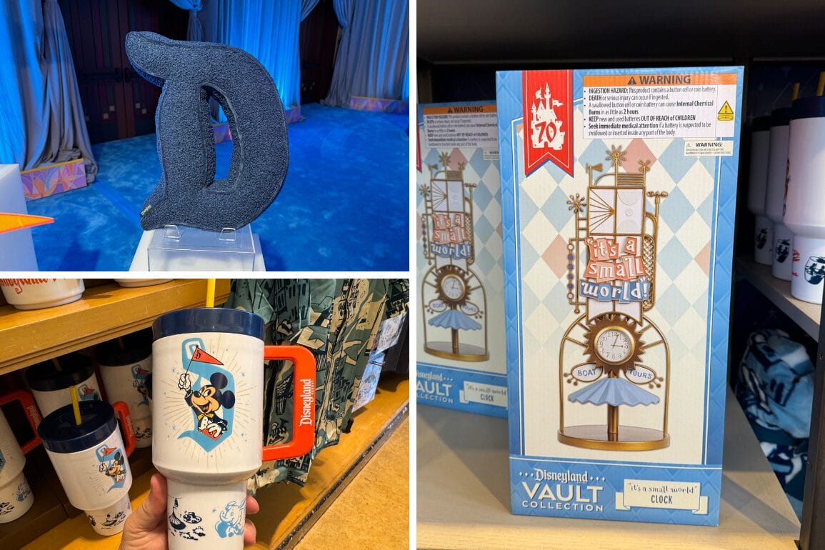 Collage of Disneyland 70th Vault Collection: “D” prop, “small world” clock, and Mickey Mouse mug on store shelves.