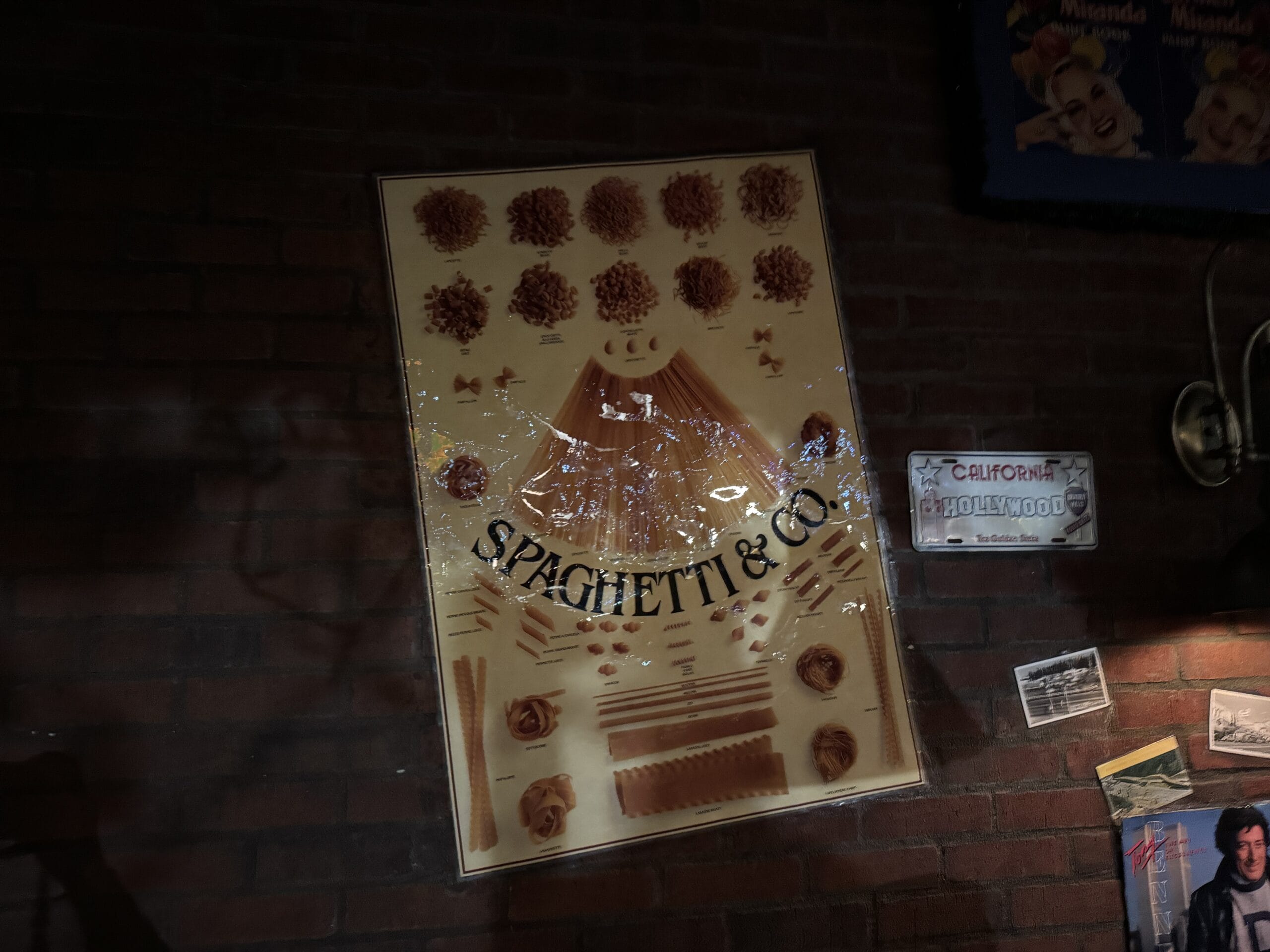 Poster of different pasta shapes at Mama Melrose’s Ristorante Italiano in Disney's Hollywood Studios, with vintage decor.