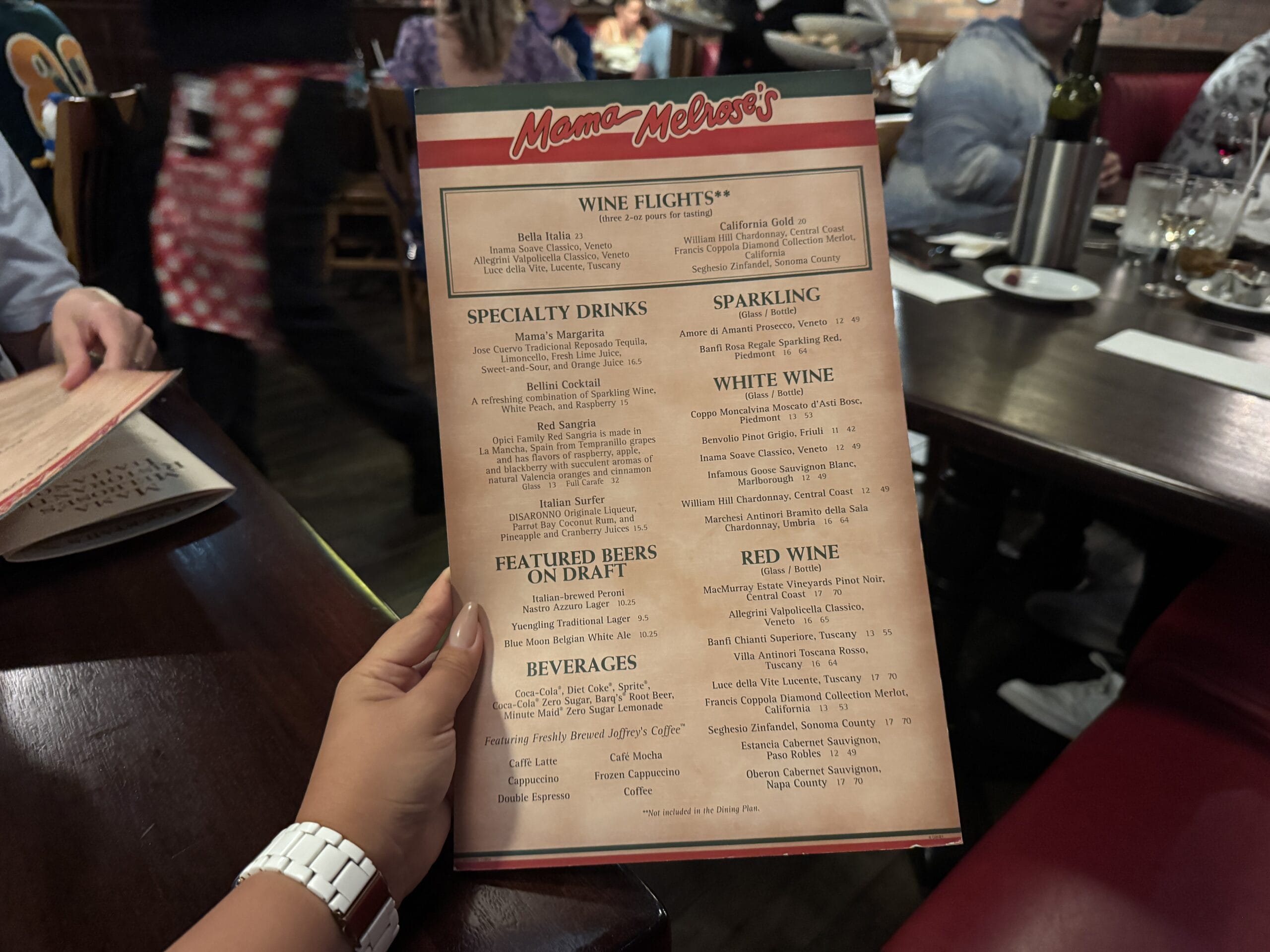 A person holds a Mama Melrose’s Ristorante Italiano menu at Disney's Hollywood Studios, drinks and wine options in view.