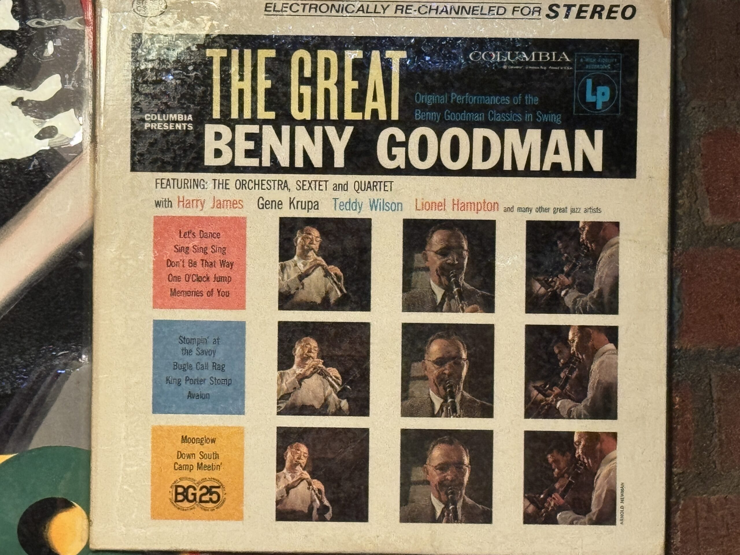 Album cover for "The Great Benny Goodman" featuring photos of musicians, like snaps from Disney's Hollywood Studios.