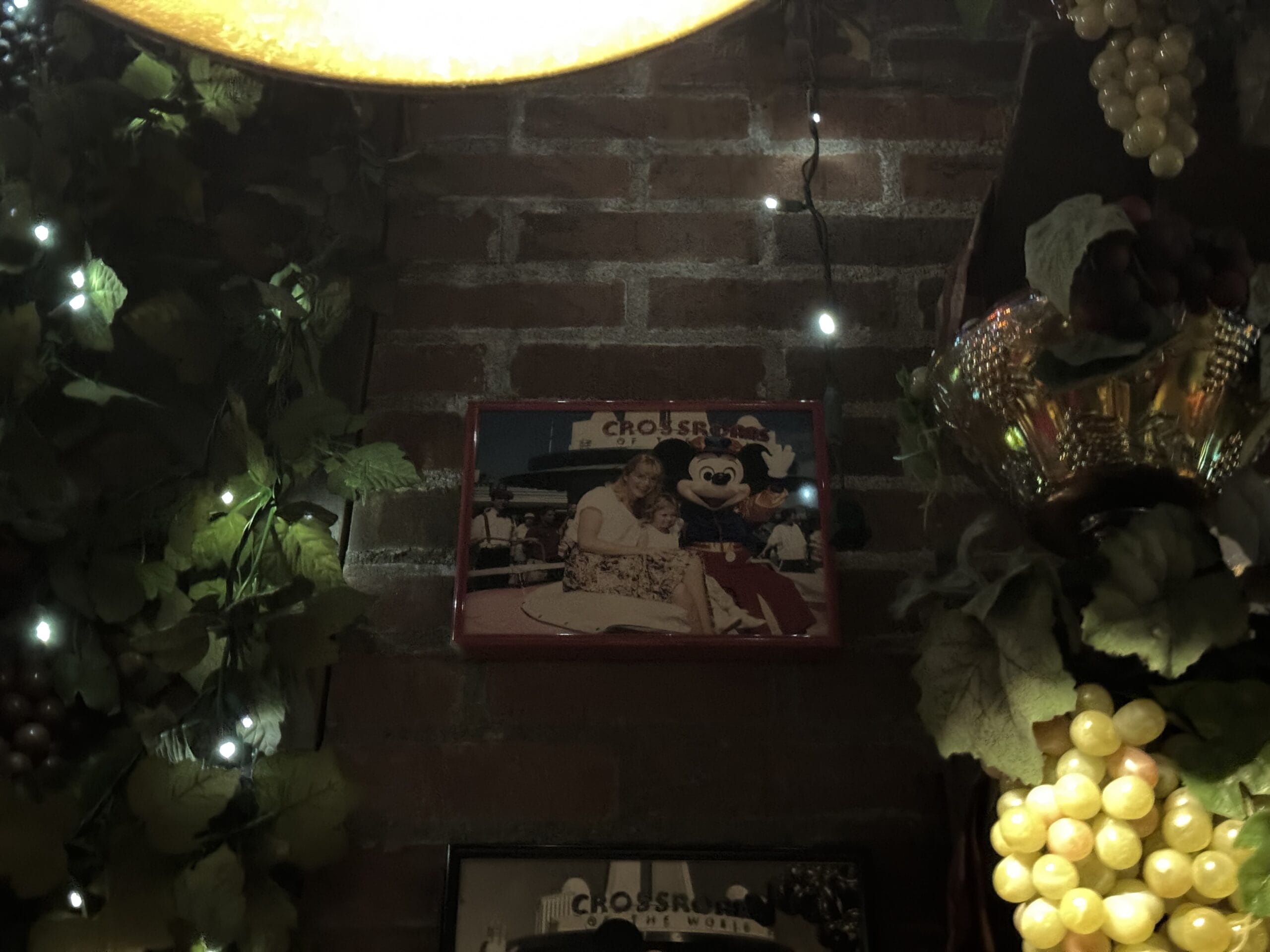 A framed photo from Disney's Hollywood Studios hangs on a brick wall, surrounded by grapevine decor and string lights.