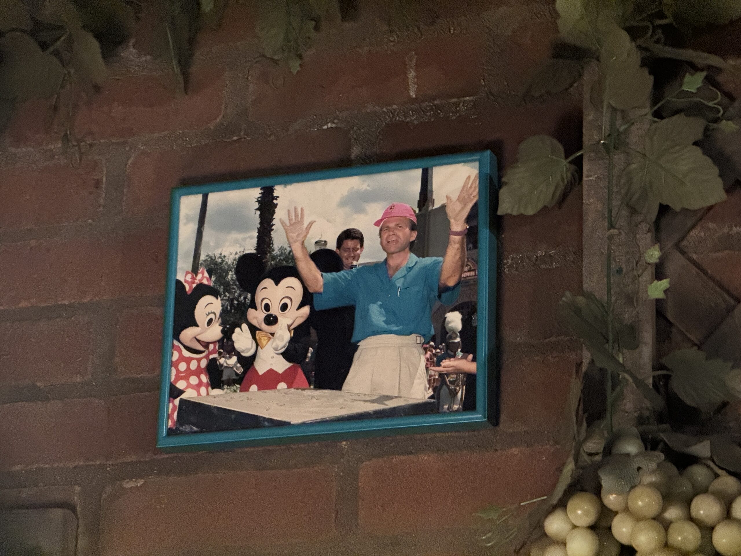 Framed photo of a man in a pink hat at Disney's Hollywood Studios with Minnie and Mickey, smiling on a brick wall.