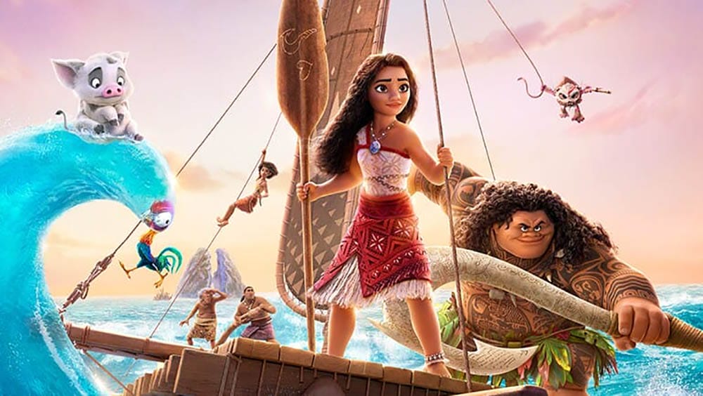Moana and Maui, popular Disney characters, stand on a boat at sea with animal friends under a bright, wavy sky.