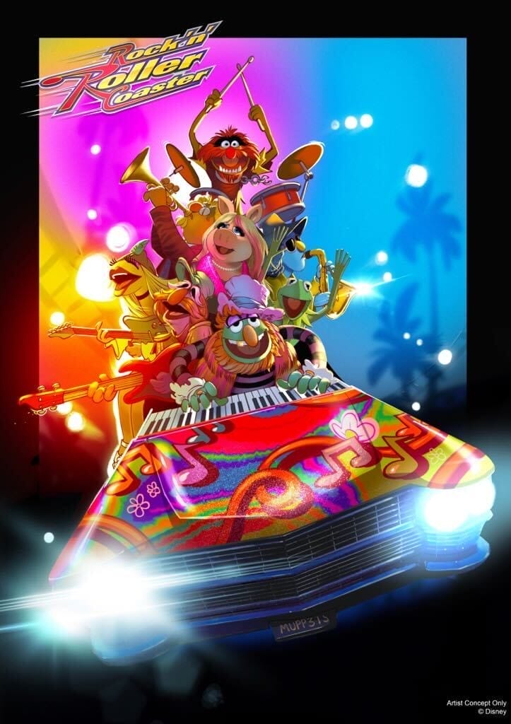 The Muppets play instruments on a colorful car, rocking out in a neon-lit scene inspired by Rock n Roller Coaster.