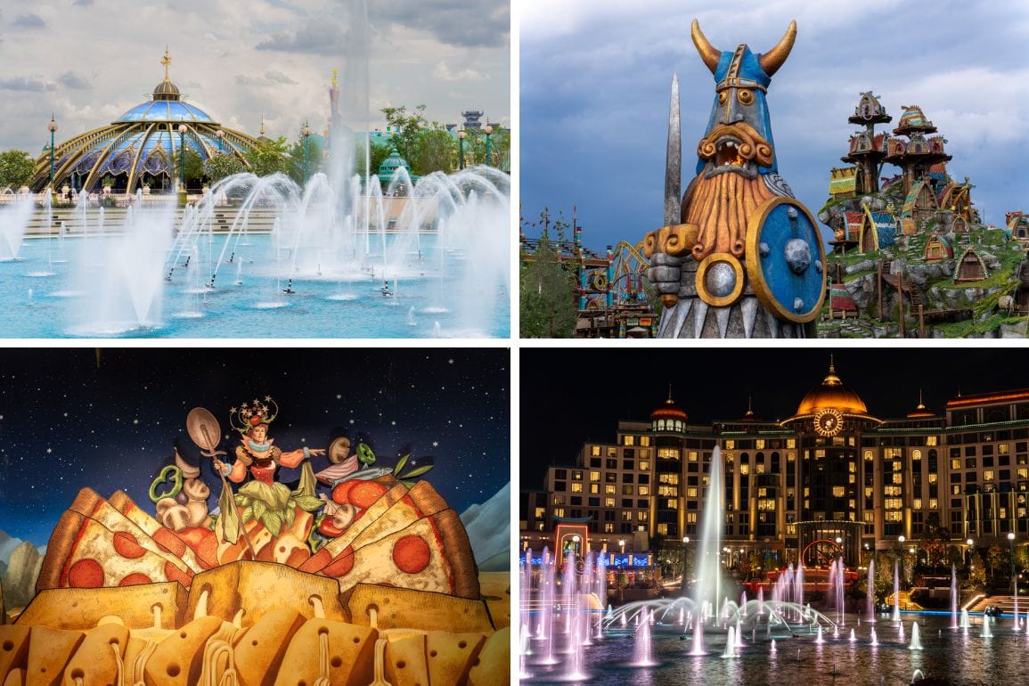 A photo report collage of Epic Universe: theme park scenes, fountains, Viking statues, cheese art, and an illuminated hotel.