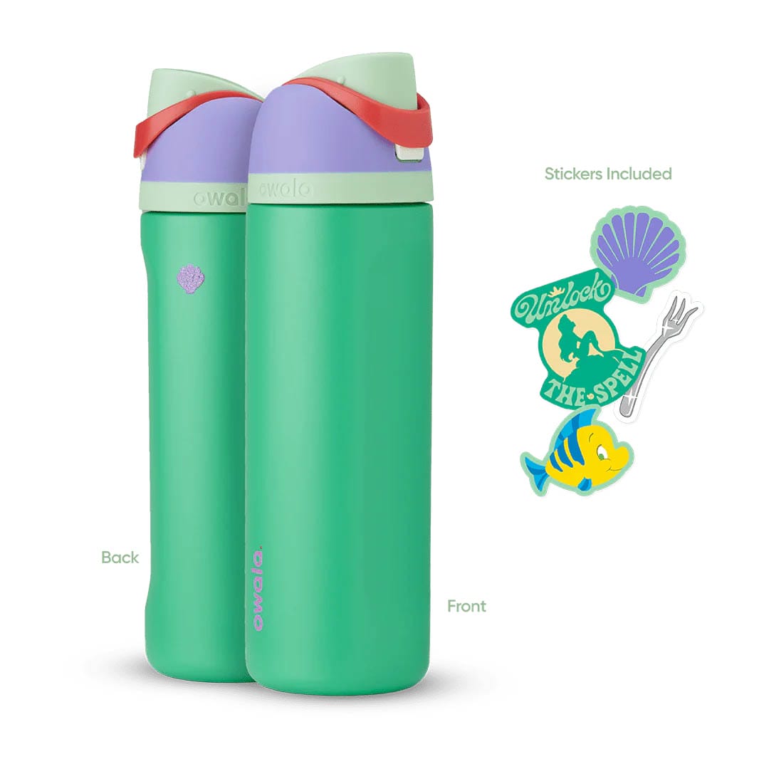 Two green Owala water bottles with purple lids and ocean-themed stickers from the Disney Princess Collection.