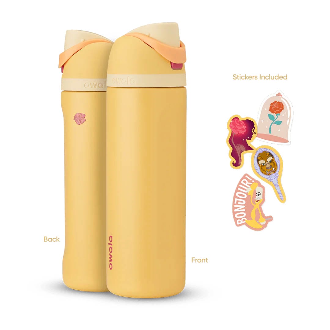 Two yellow Owala Collection water bottles with flip-top lids, shown with four colorful Disney Princess-themed stickers.