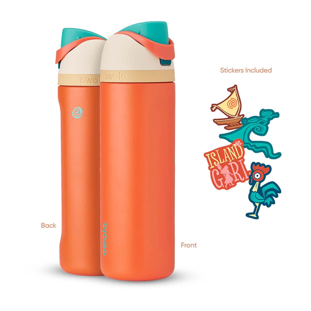 Two orange Owala Collection bottles with teal lids, shown front and back, beside four island-themed stickers.