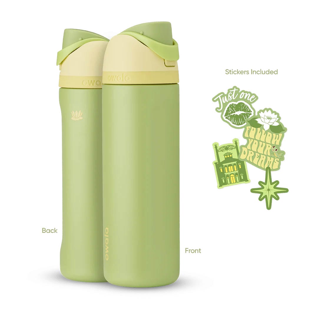 Two light green Owala bottles with cream lids, plus four stickers, from the Disney Princess Owala Collection.