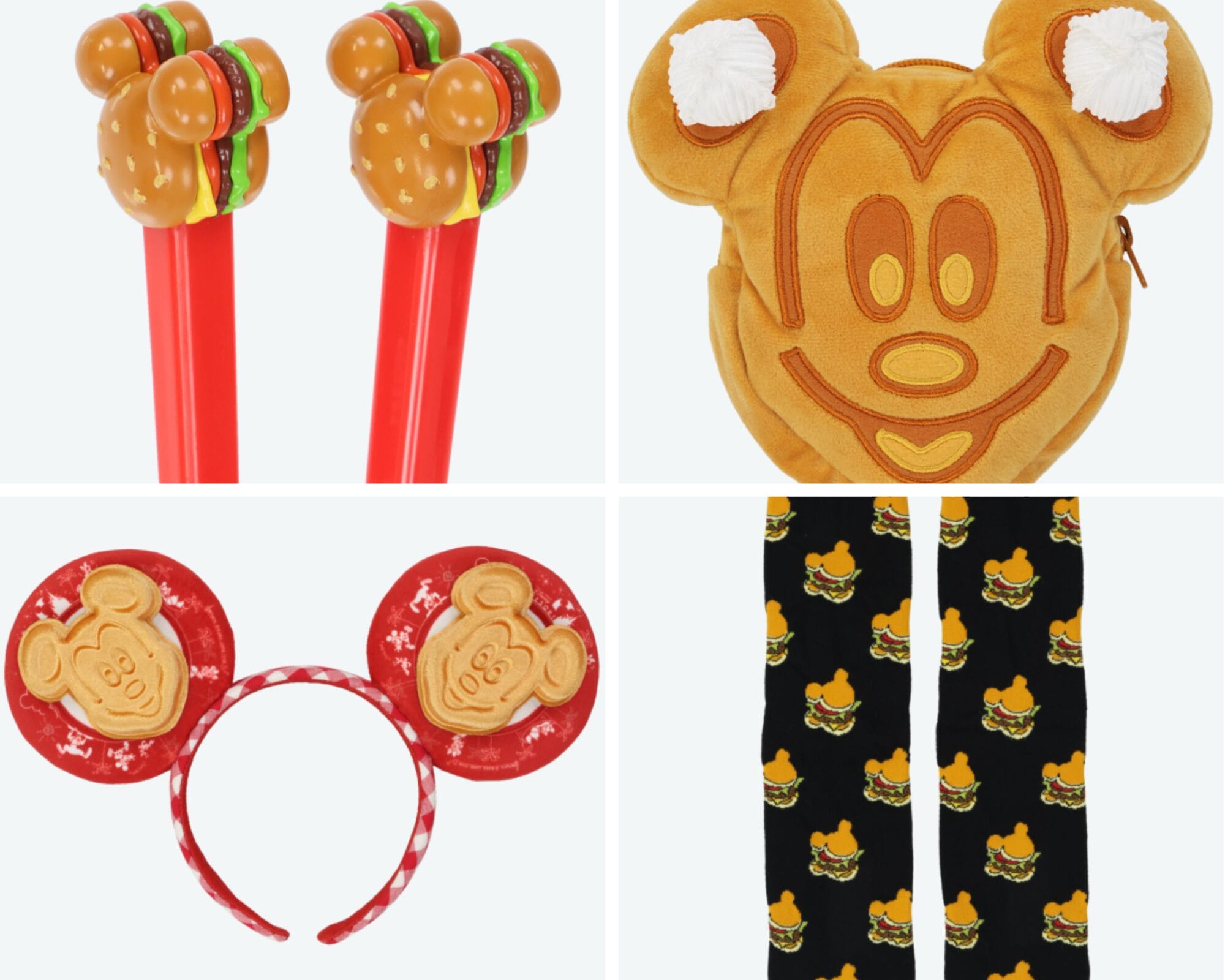 Four new snack-themed items at Tokyo Disney Resort: burger chopsticks, Mickey pouch, burger headband, and pants.