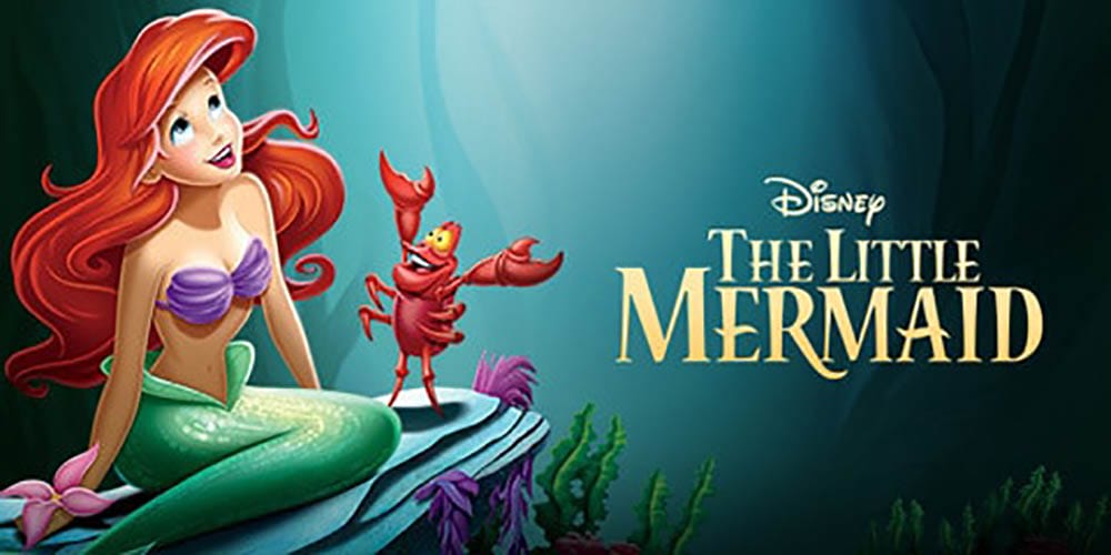 Ariel, a red-haired mermaid, sits on a rock with Sebastian the crab; Disney Characters star in "The Little Mermaid" title.