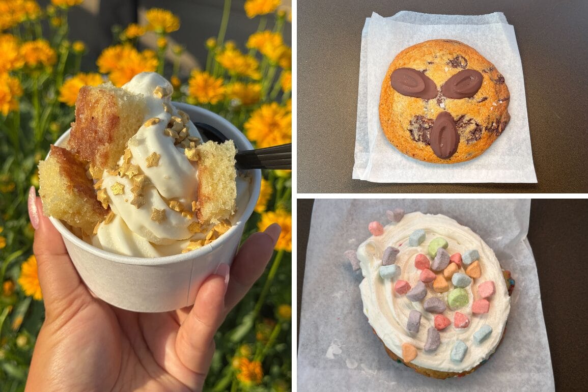 Cup of soft serve with cake pieces, a Star Sui Bao, chocolate chip cookie, and cookie with frosting and mini marshmallows.