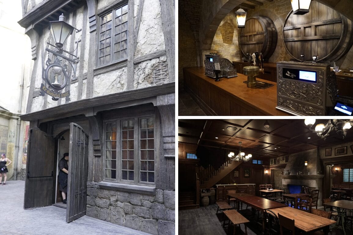 Collage of Le Gobelet Noir’s medieval tavern, wooden bar with barrels, and rustic dining in a wizarding world setting.