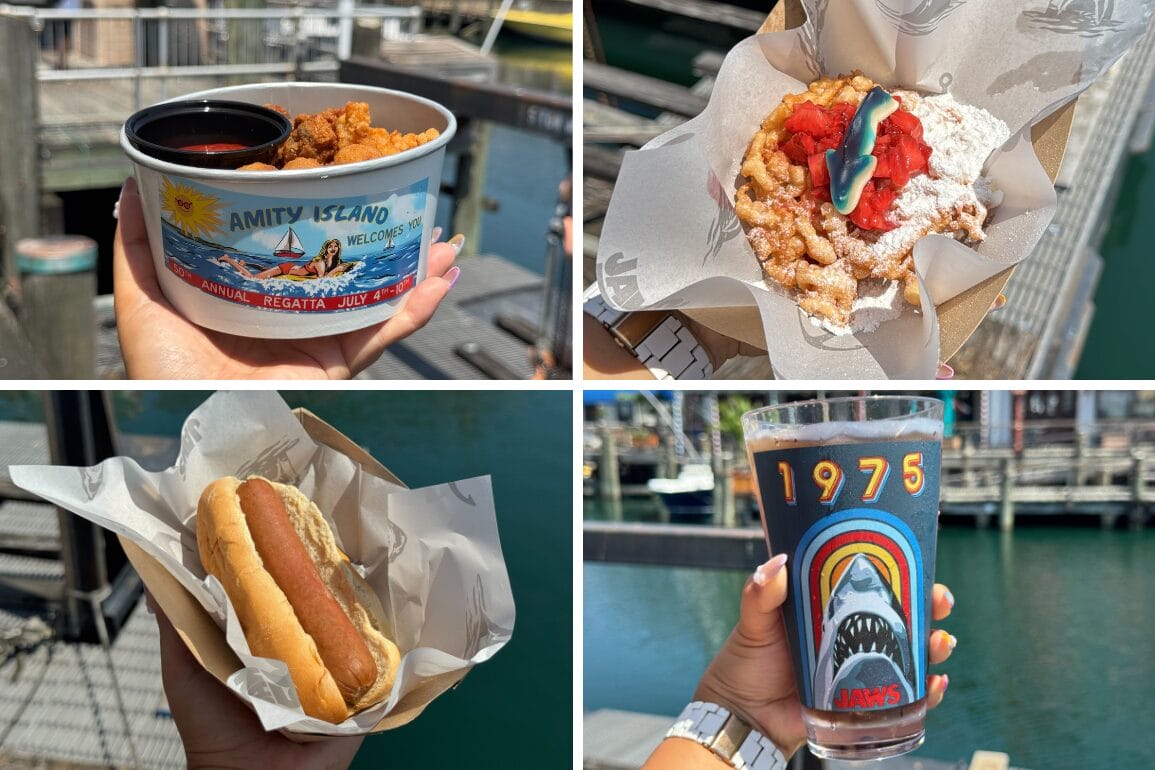 A collage of theme park snacks and a 1975 Jaws drink cup, just like food booths at Universal Studios Florida.