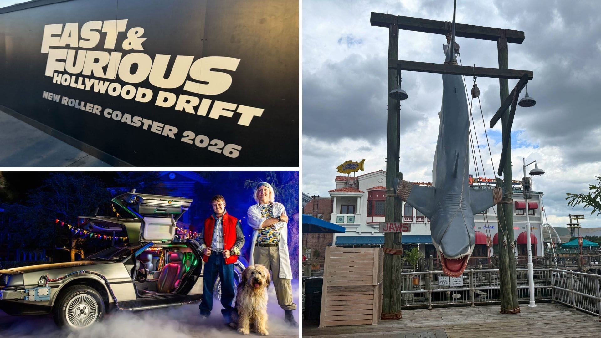 Collage with Fast & Furious Coaster sign, Back to the Future characters, and Jaws shark at Universal Studios Hollywood.