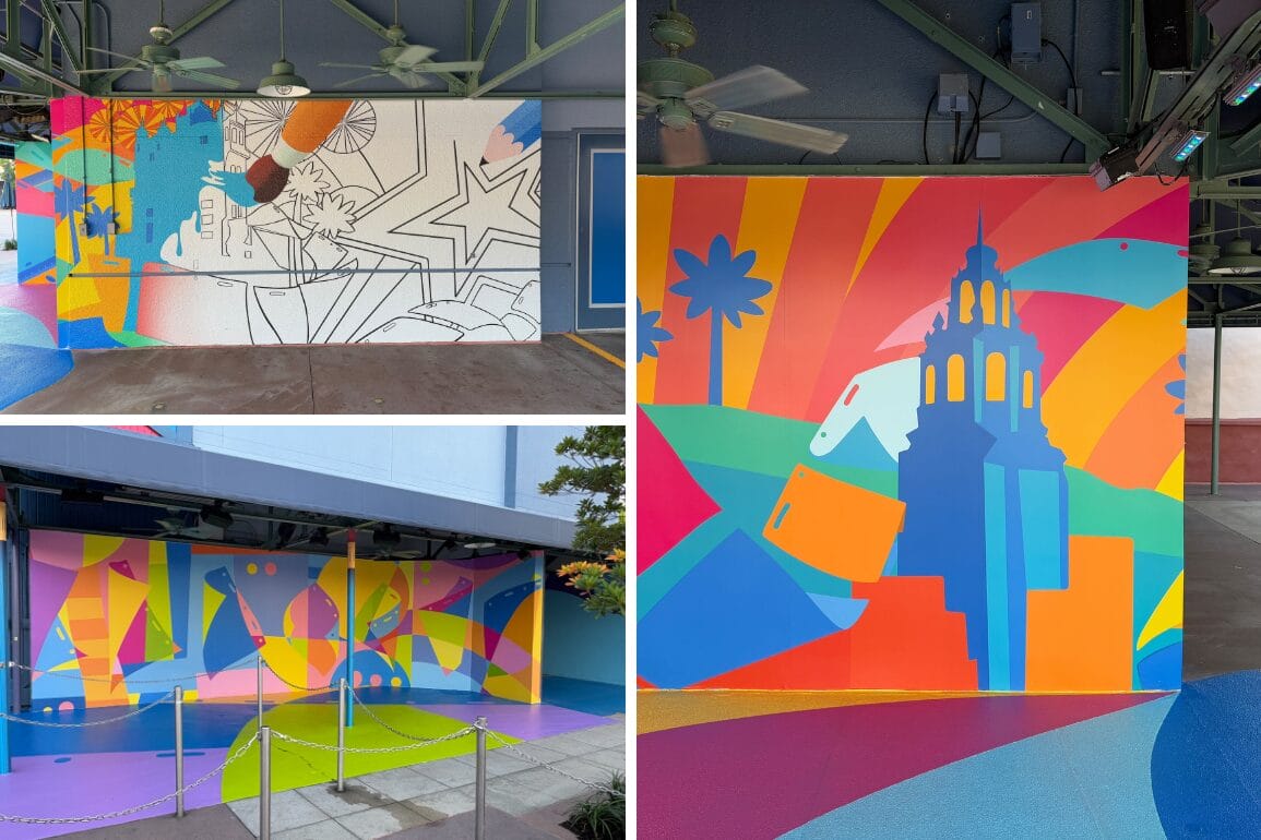 A mural in progress at Animation Courtyard shows sketches and vibrant buildings, capturing the spirit of Get Animated Murals.