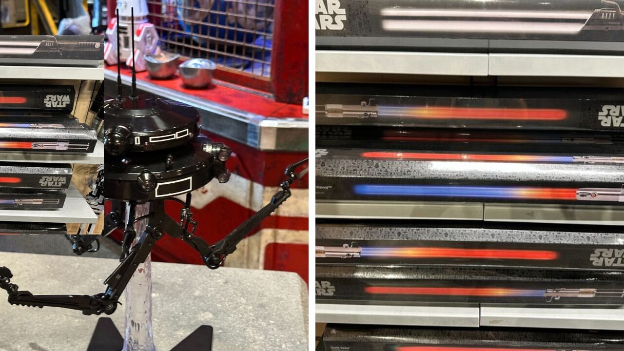 A black First Order Probe Droid replica stands near shelves displaying Ahsoka's Vision Lightsaber toys.