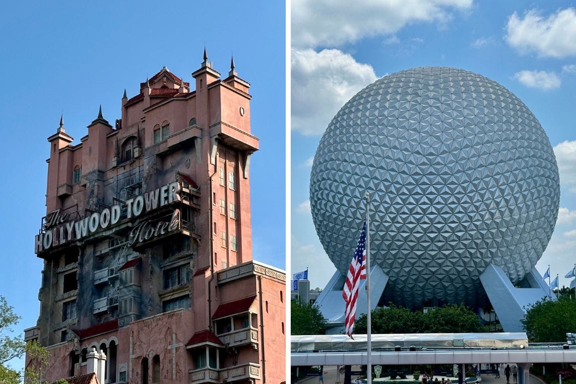Split image: Left, Disney’s Hollywood Studios’ Tower ride; right, EPCOT’s Spaceship Earth, both under blue skies.