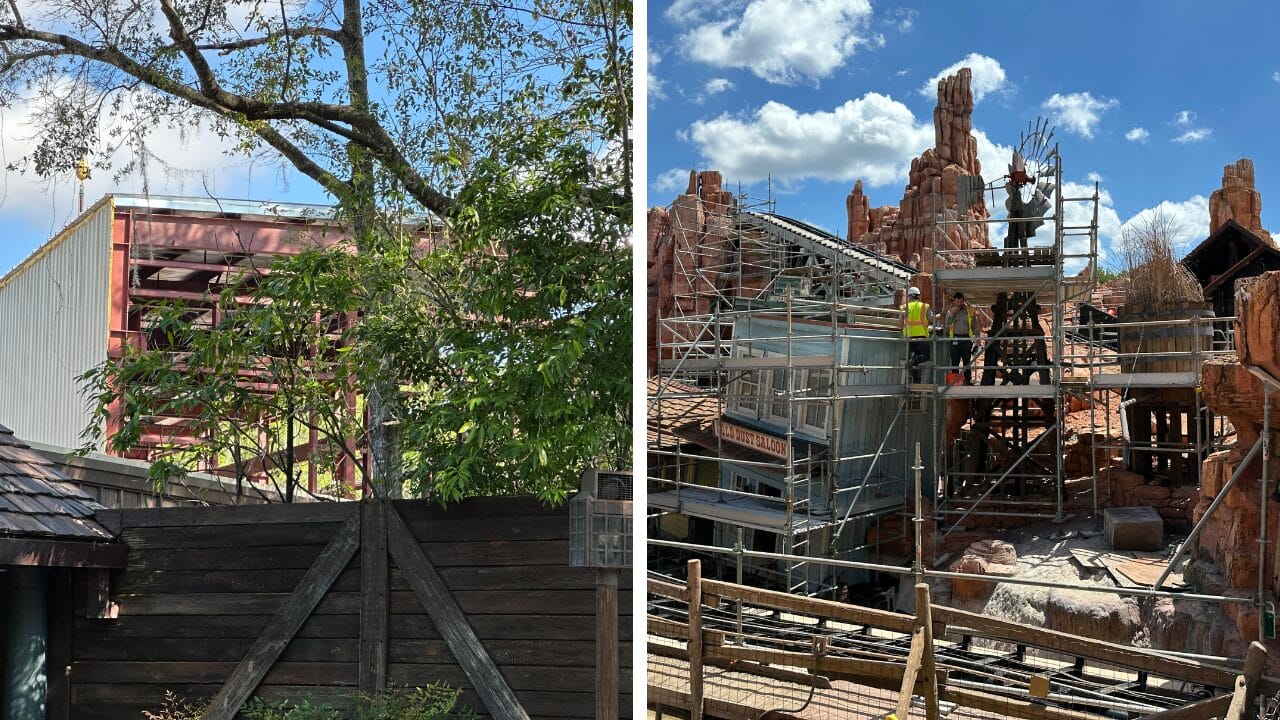 Split image: Left shows a steel structure behind trees; right, Big Thunder Mountain refurbishment with workers on scaffolding.