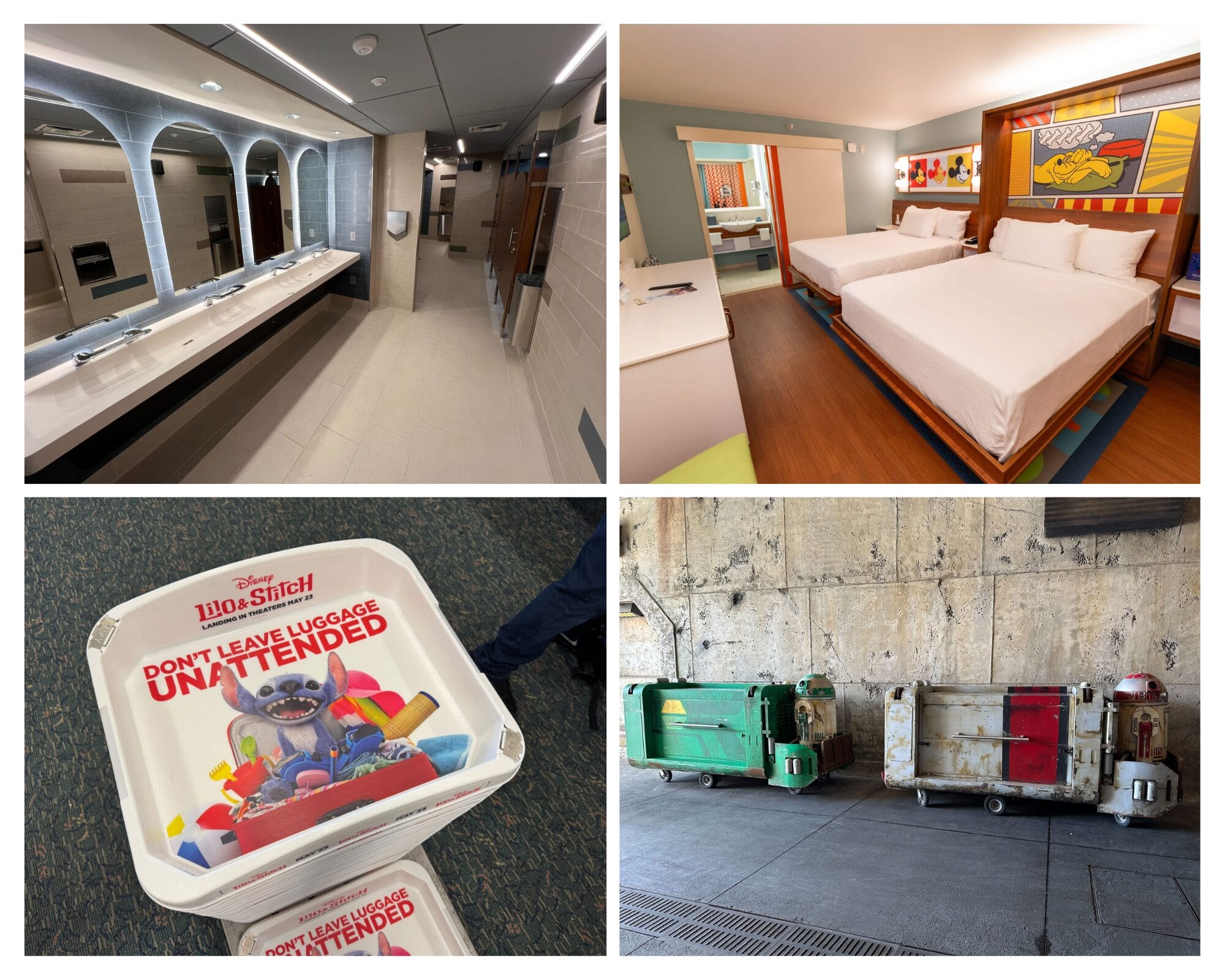 A collage with Pop Century Resort’s updated rooms, a modern restroom, Lilo & Stitch luggage sign, and cleaning carts.