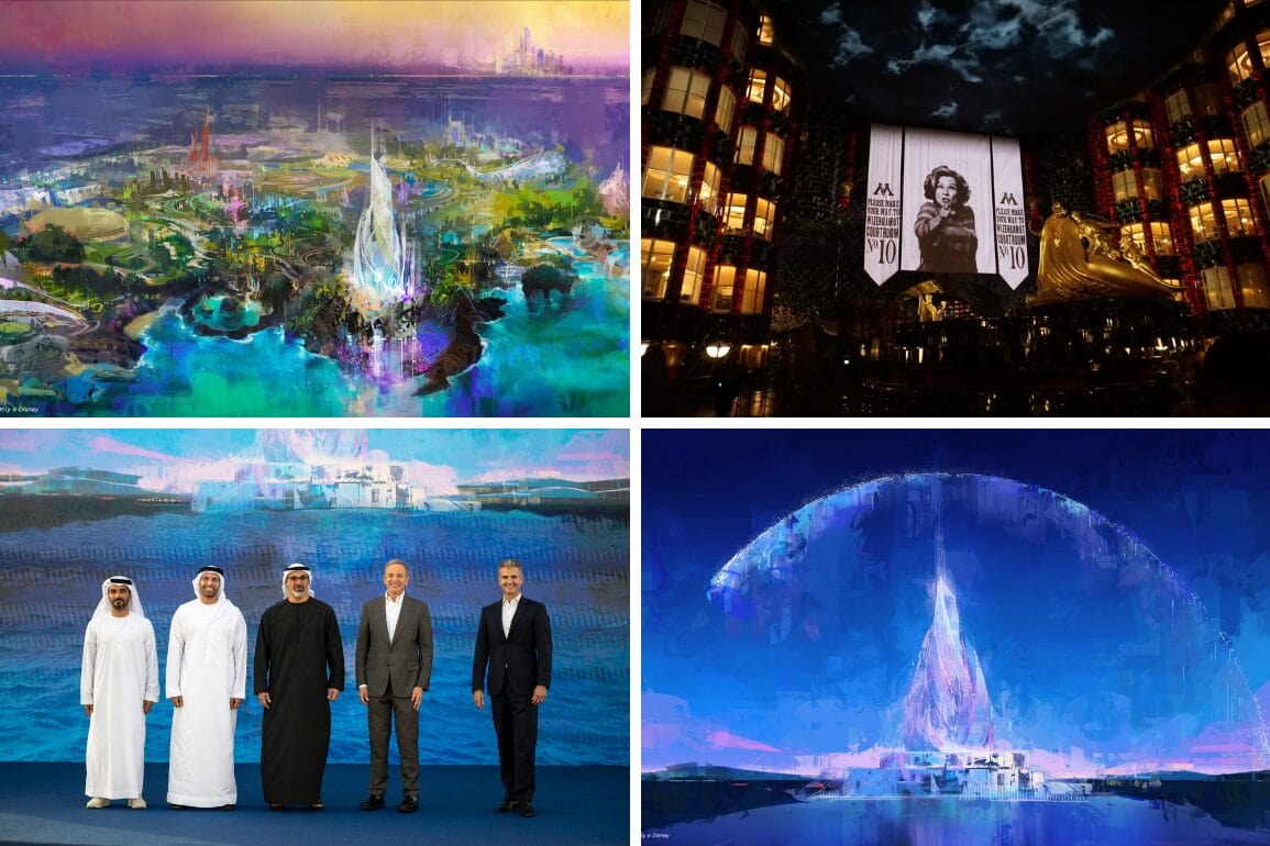 A collage shows futuristic cityscapes and four men in suits on stage during a Disney theme park Abu Dhabi announcement.