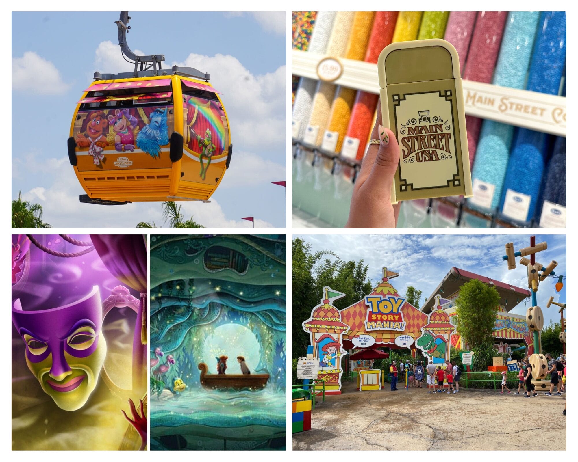 A collage of Walt Disney World park scenes, treats, rides, candy jars, and iconic trash cans under bright skies.