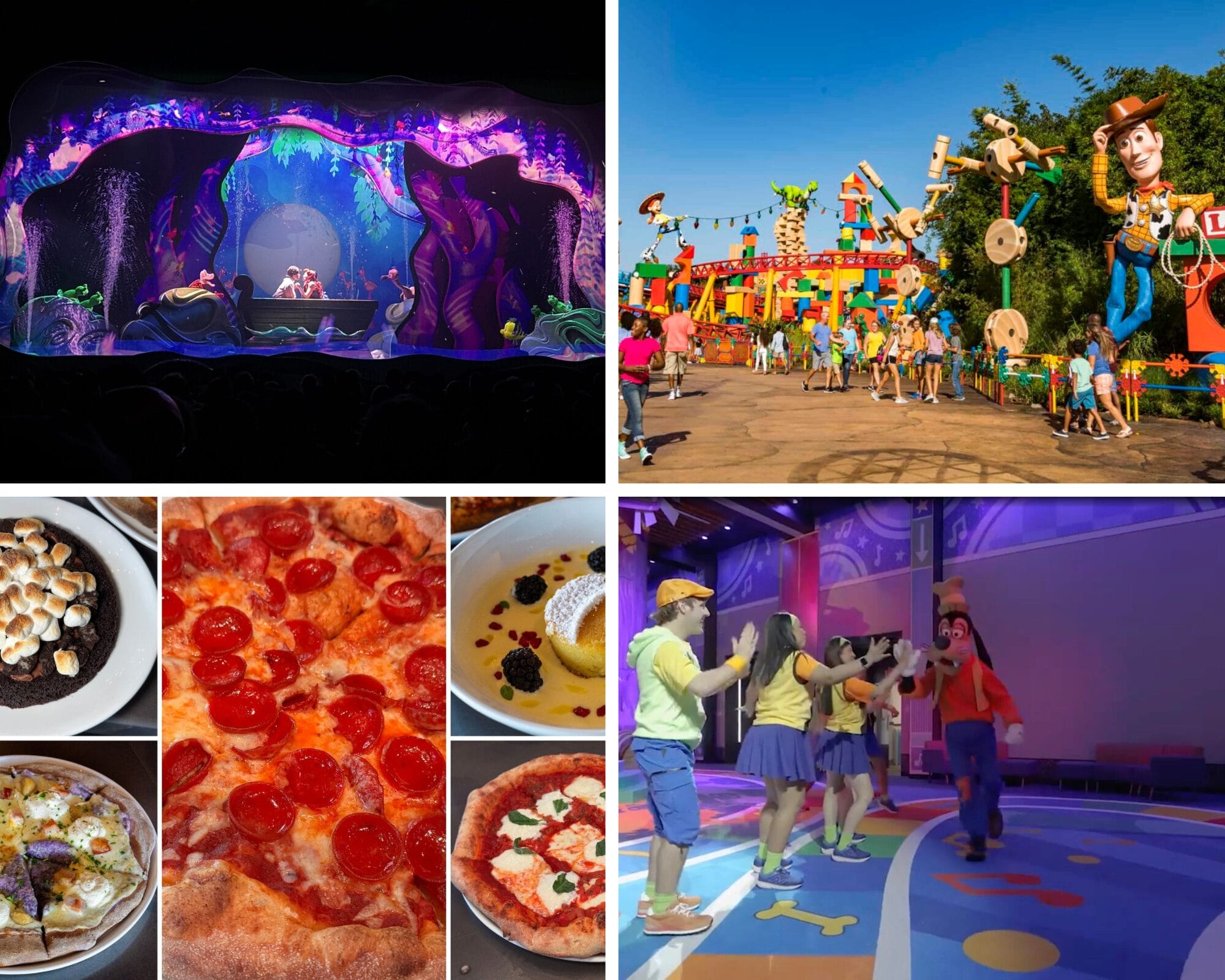 Daily Recap: A Disney show, Toy Story Land, pizzas, desserts, and kids dancing with Goofy at an indoor attraction.
