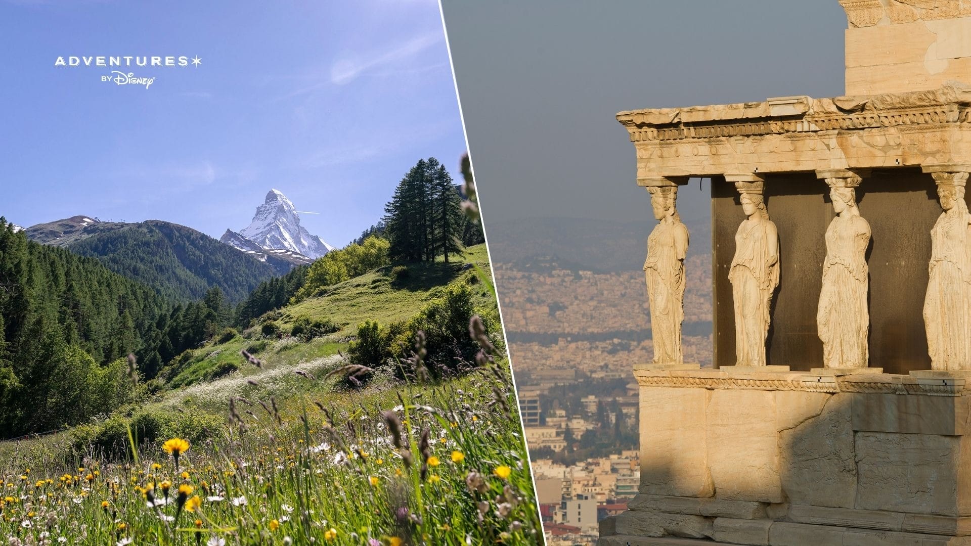 Left: Mountain and wildflower field; right: ancient Greek statues on a temple with a city in the background.