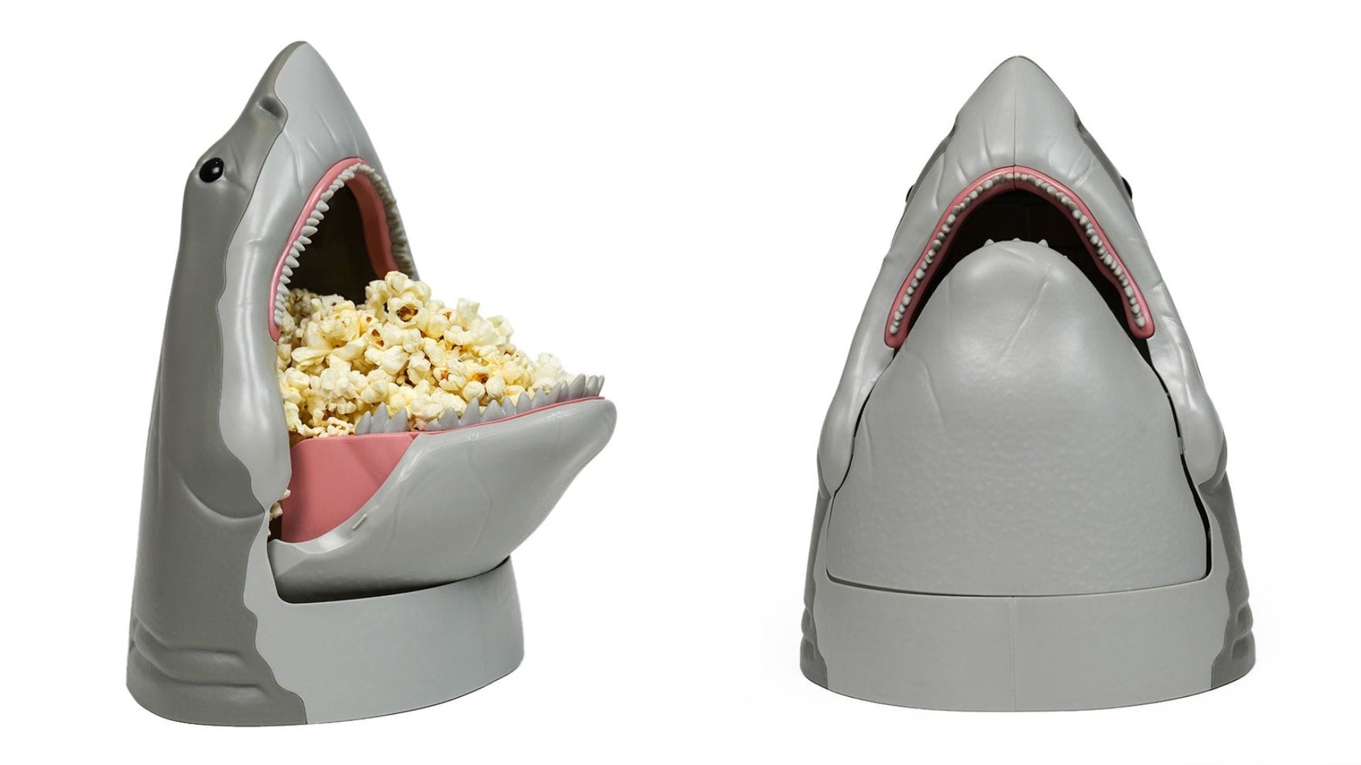 Jaws 50th Anniversary shark-shaped popcorn bucket with open mouth, shown full and empty, at Alamo Drafthouse.