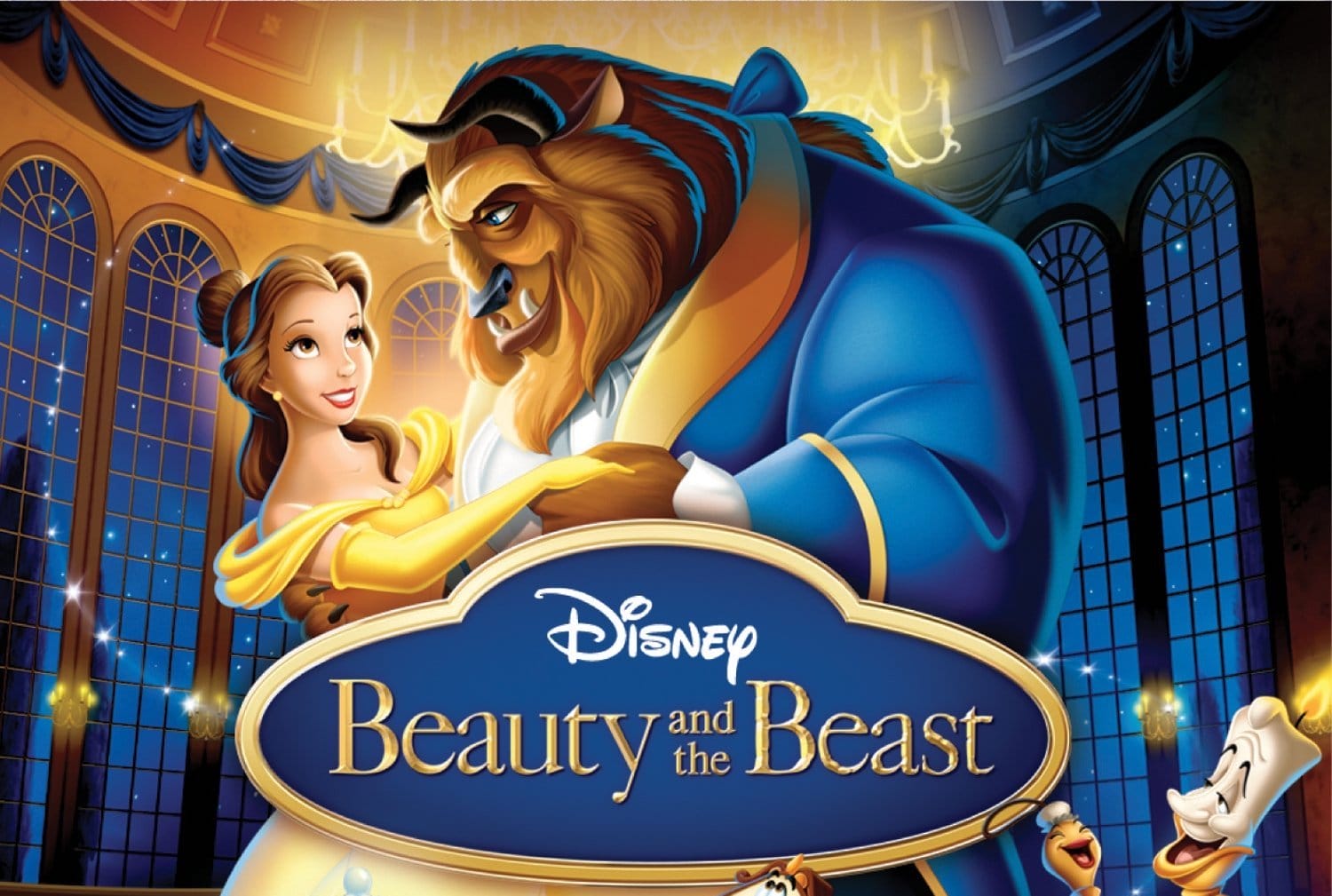 Animated Disney Characters Belle and Beast dance in a ballroom as "Disney Beauty and the Beast" appears in front.
