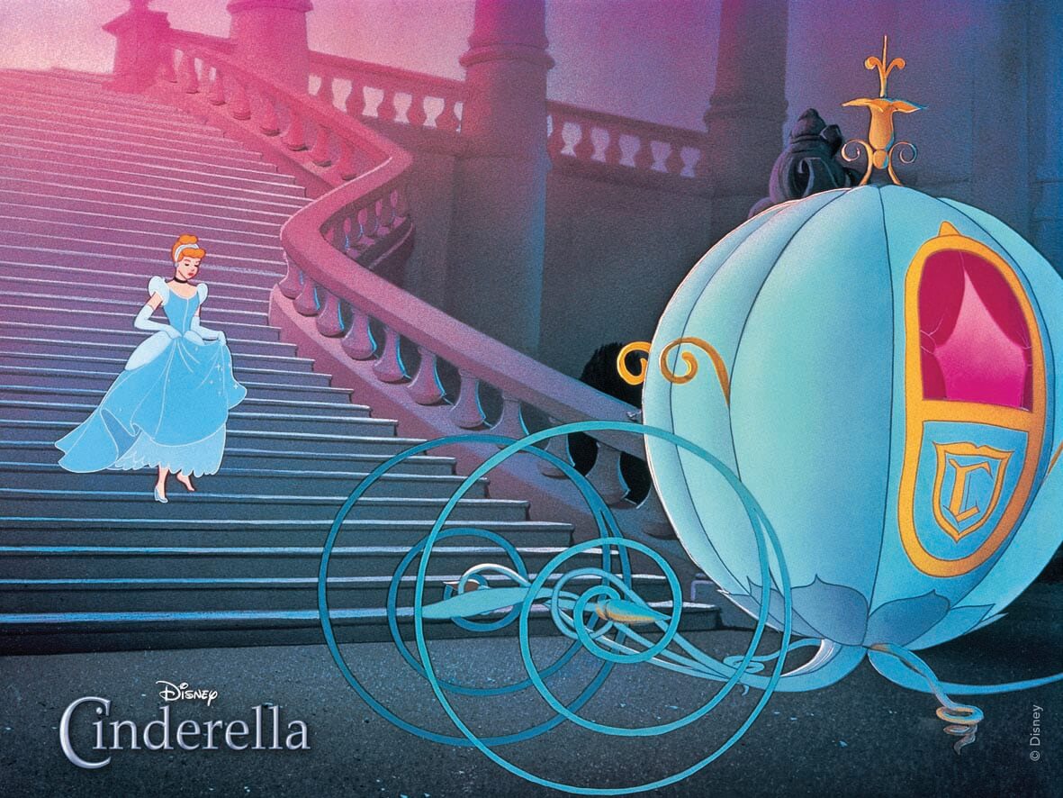 Cinderella, one of the beloved Disney Characters, descends stairs toward a glowing pumpkin carriage at night.